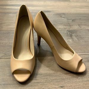 Cole Haan: 3.5” peep toe heels, nude/sand